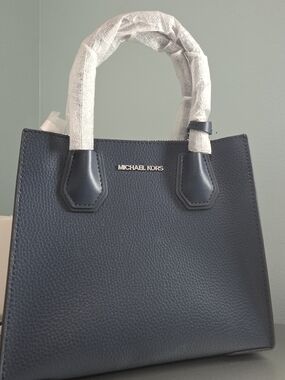 Michael Kors Navy Pebbled Satchel with Gold Logo